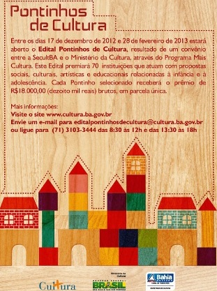 Inscrições para o Edital Pontinhos de Cultura são prorrogadas