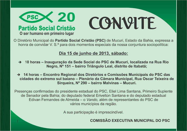ENCONTRO REGIONAL DO PSC EM MUCURI NO DIA 15 DE JUNHO