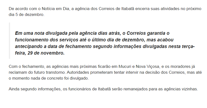 Correios antecipa fechamento de agência em Itabatã