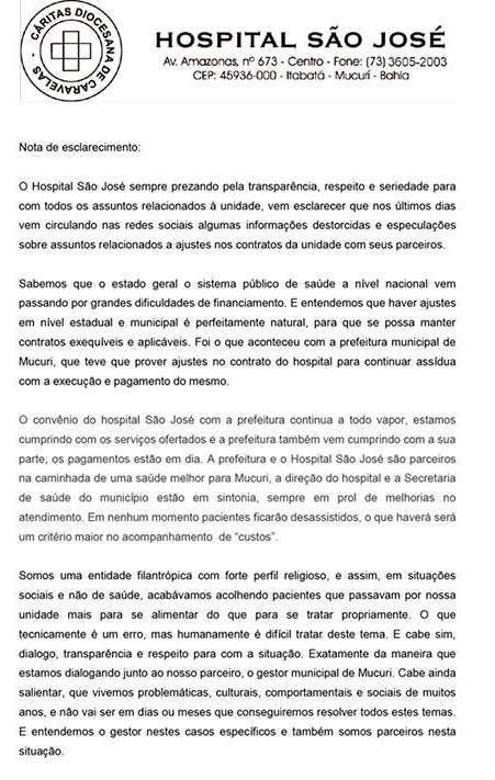 Nota de Esclarecimento divulgada pelo Hospital São José