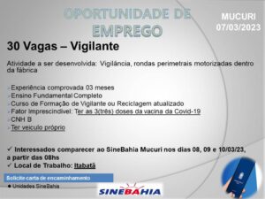 Sine Mucuri divulga 80 Vagas de Emprego para o Municio de Mucuri.