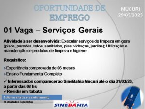 Oportunidade de emprego mais de 50 vagas de emprego para o município de Mucuri.